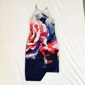 Nicholas red white blue floral fitted silk asymmetrical mini dress needs repair